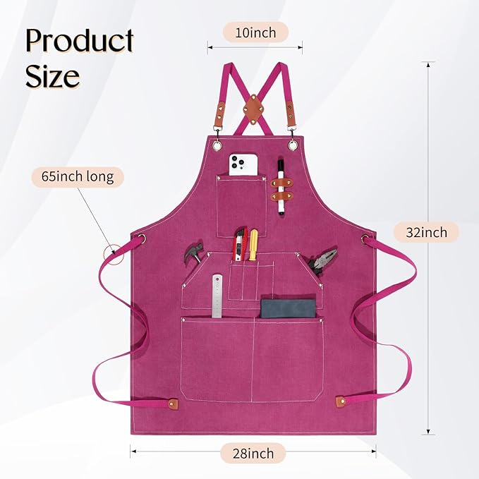 Work Aprons for Men Women with 9 Pockets Chef Apron 14oz Cotton Canvas Cross Back Aprons Heavy Duty Apron Pink Tool Apron for Woodworkers Kitchen Cooking Apron Waterproof Apron Size M to XXL