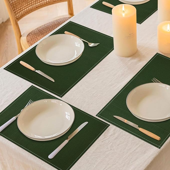 Niviy Dark Green Placemats Set of 4, 12x18 Inch Washable Easy to Clean Heat-Resistant Anti-Skid Grey Placemats for Holiday Party Kitchen Dining Room Decoration