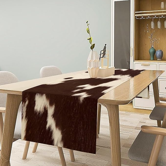 Cow Skin Print Table Runner, Rustic Farmhouse Cottage Animal Fur Skin Western Style Brown Wild 3D Cowhide Print Dinner Runner Table Decoration for Home Kitchen Dining 13"x90"