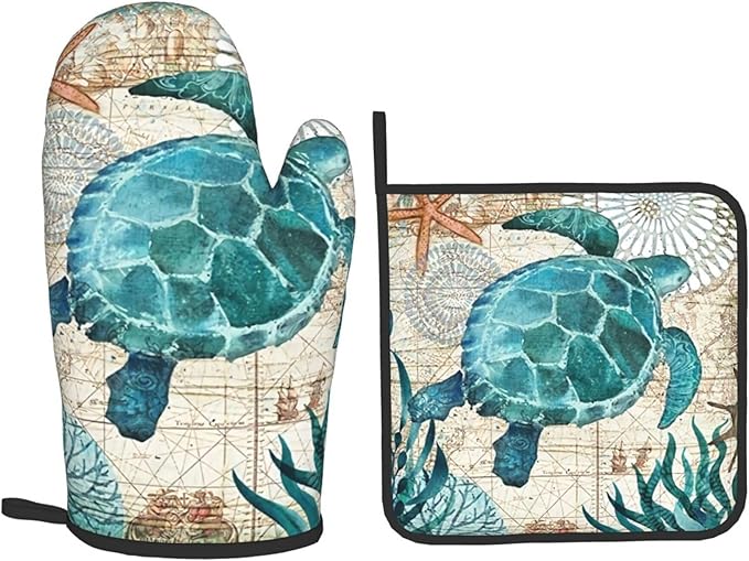 Blue Sea Turtle Oven Mitts & Pot Holders Sets Holiday Kitchen Decor Nautical Map Area Heat Resistant Non-Slip Potholders Set for Cooking Baking BBQ