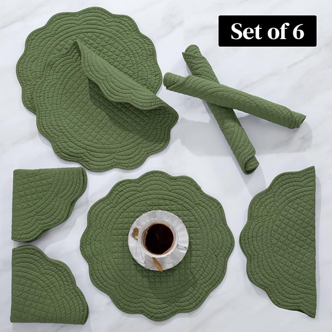 HOMBYS Quilted Placemats Set of 6 Washable Round Placemats for Kitchen Table-100% Cotton Fabric 14 Inch Round Table Mats, Cotton Fabric with Microfiber Filling (14"x14", Emerald Green)