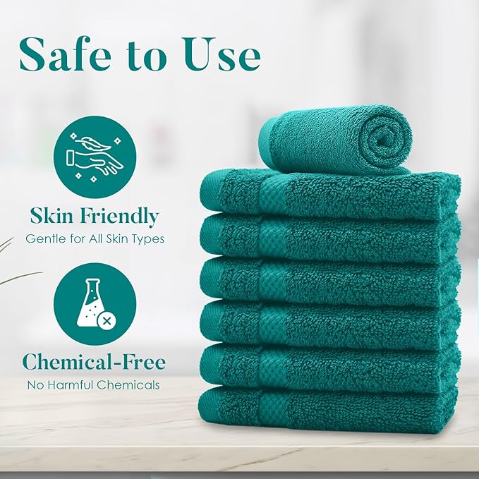 DAN RIVER 12-Pack Premium 100% Cotton Teal Face Towels for Bathroom - Reusable Face Wash Cloths for Showering 12x12 Inches - 550 GSM Super Soft & Absorbent Luxury WashCloths for Body, Spa & Gym