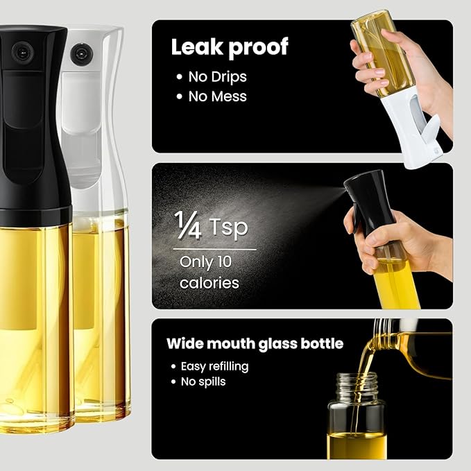 BOKKY Olive Oil Sprayer for Cooking 2 in 1, 220ml Glass Olive Oil Spray Bottle with Continuous Fine Mist, Food Grade Oil Sprayer for Air Fryer, Salad, BBQ, Baking, Frying (Black & White / 2 Pack)