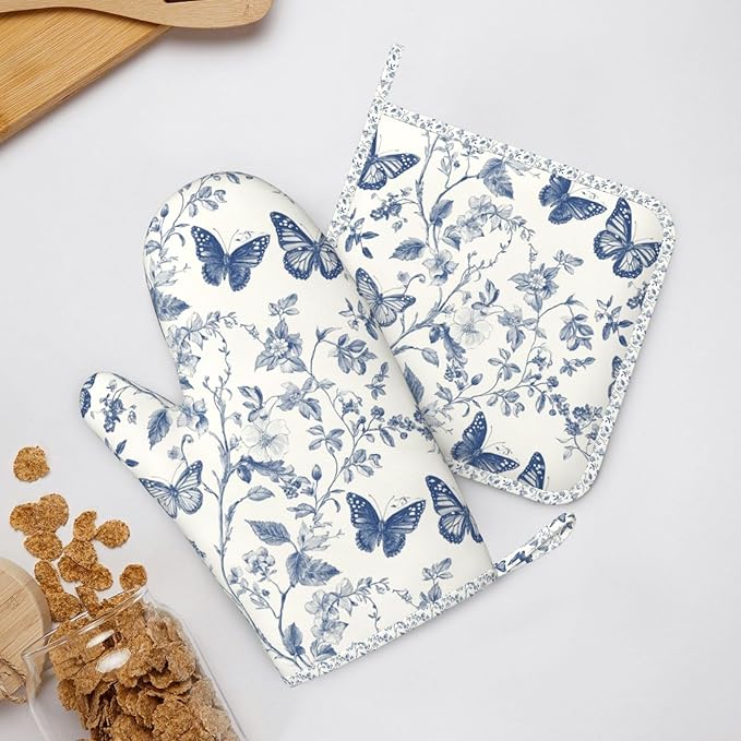 Oven Mitts and Pot Holders Butterfly Flower Vintage Blue Silicone Kitchen Accessories Set of 2 Heat Resistant Long Gloves Potholder Non-Slip Grip for Chef Cooking Baking Grilling BBQ