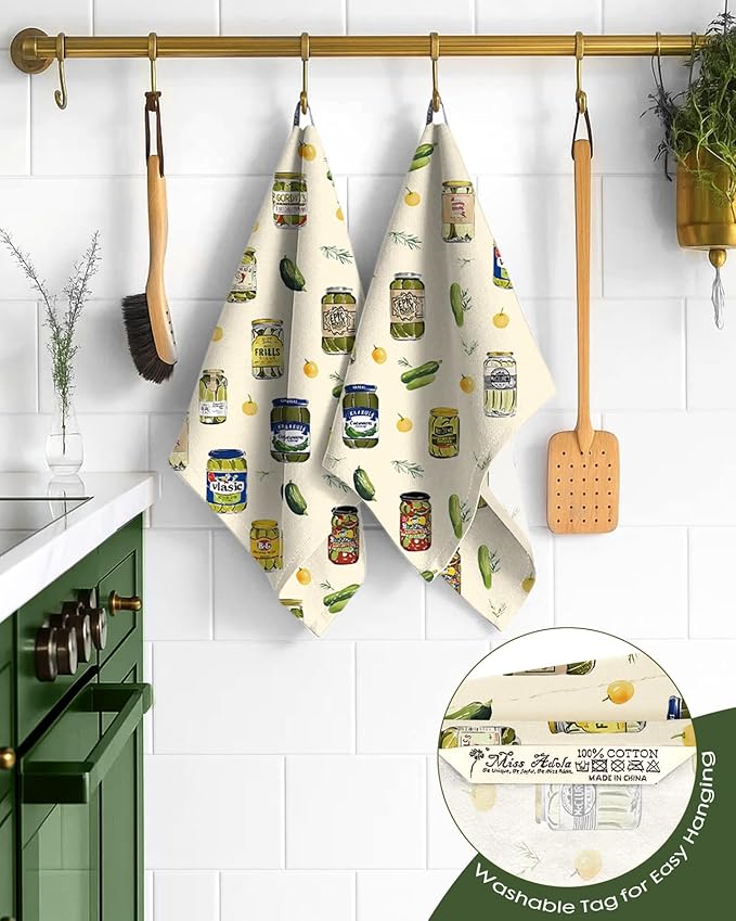 Miss Adola Flour Sack Kitchen Towels - Set of 2 Spring Dish Towels with Hanging Loop 18x26 Inch Absorbent Reusable Cotton Cloths for Cleaning Cute Design Home Decorative Housewarming, Canned Kimchi