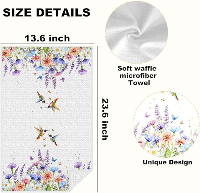 2 Pcs Vibrant Floral Kitchen Towels, Spring Bird Decorative Absorbent Microfiber Dish Cloth Tea Towel, Waffle Soft Hand Towels for Farmhouse Home Bathroom Decor, Housewarming Gifts