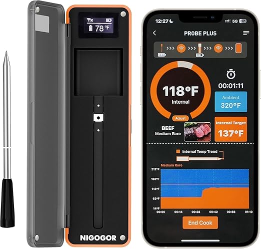 Smart Wireless Meat Thermometer with Thinnest Probe, Magnetic Bluetooth Food Thermometer, Remote Tracking and Real-Time Readings from Apps, for iOS and Android, for BBQ, Grill, Smoker