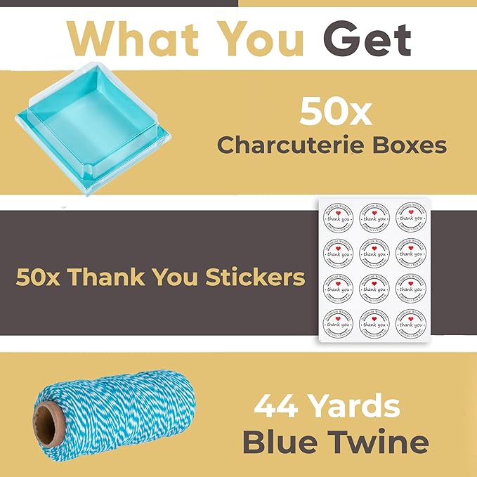 Leafiew 50 Pack Small Charcuterie Boxes with Clear Lids - To Go Paper Mini Charcuterie Box, Disposable Food Containers, 5Inch Dessert Boxes - Sandwich, Cookie, Sushi, Cake Slice, Strawberries (Blue)