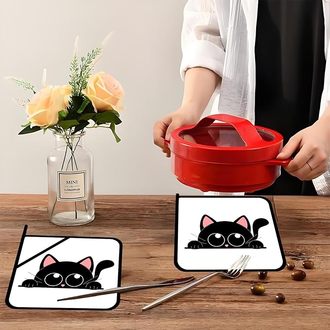 Cute Black Cat Pot Holders Set of 2,Kitchen Heat Resistant Potholder for BBQ Cooking Baking,Food Hot Pad for Women Men