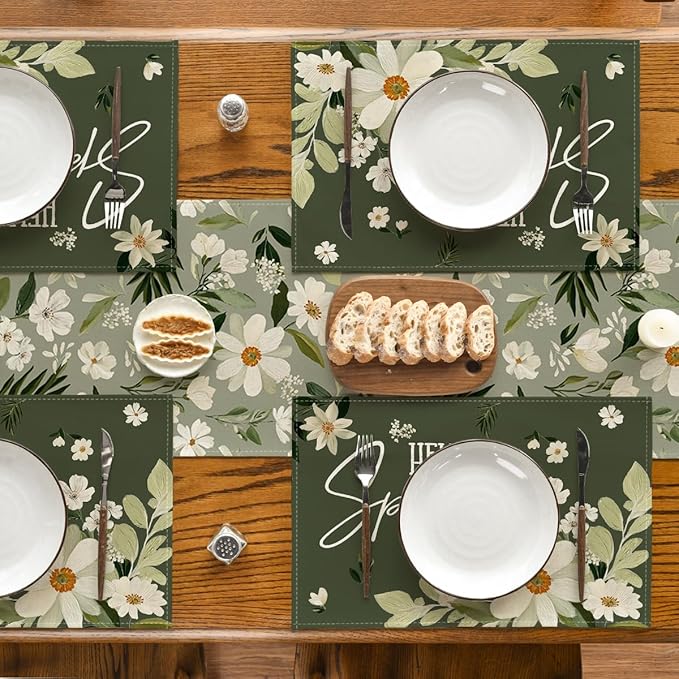 Artoid Mode Daisy Flowers Hello Spring Placemats Set of 4, 12x18 Inch Seasonal Summer Holiday Table Mats for Party Kitchen Dining Decoration