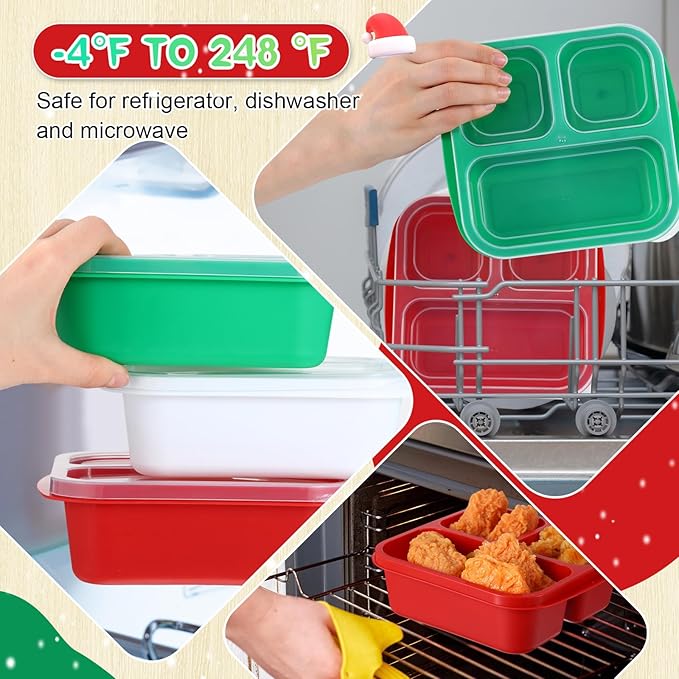 Honeydak 5 Pack Snack Containers 3 Compartment Bento Snack Boxes Divided Meal Prep Containers with Lids Reusable Adults Lunch Food Storage Box for School Work Travel(Christmas Color)