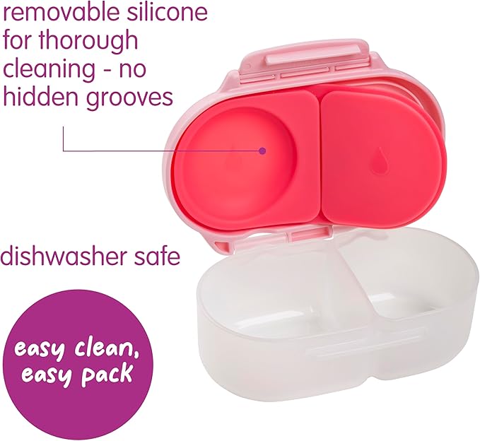 b.box Snack Box - Leakproof Mini Bento Box for Kids & Toddlers, 2 Compartment Snack Containers for Kids, Lunch Containers, Dishwasher Safe, BPA Free, PFAS Free, Ages 4m+, 1 3/4 Cup - Flamingo Fizz