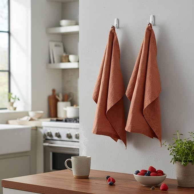 Linen Kitchen Dish Towels – 20” x 27” – 100% Pure Stonewashed Linen Hemstitch Hand Towel/Tea Towel - Set of 2 (Rustic Orange)