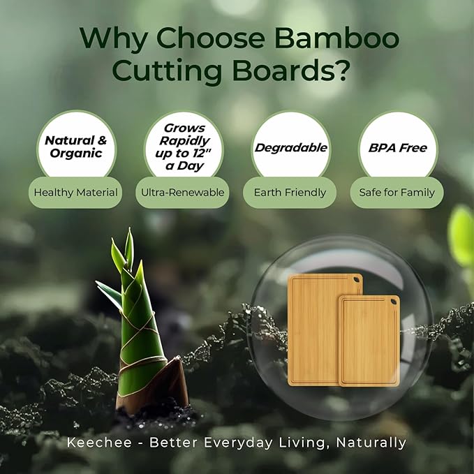Keechee Chopping Board 2-Pcs Natural Bamboo Cutting Board With Juice Channels & Knife-Friendly Finish For Versatile Kitchen Use, Ideal Charcuterie & Chopping Multi-Use