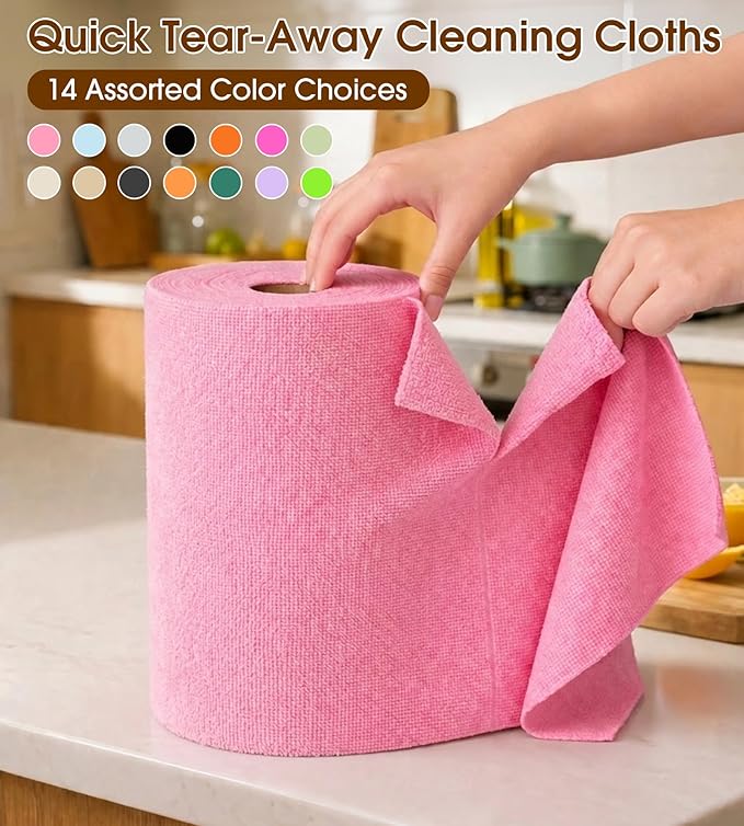 KitchLife Microfiber Cleaning Cloth Roll, 100 Pack - Tear-Away Microfiber Paper Towels, Lint-Free, Reusable, Washable for Kitchen, Car, Dishes, and Sensitive Surfaces (Pink)