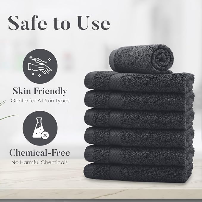 DAN RIVER 12-Pack Premium 100% Cotton Dark Gray Face Towels for Bathroom - Reusable Face Wash Cloths for Showering 12x12 Inches - 550 GSM Super Soft & Absorbent Luxury WashCloths for Body, Spa & Gym