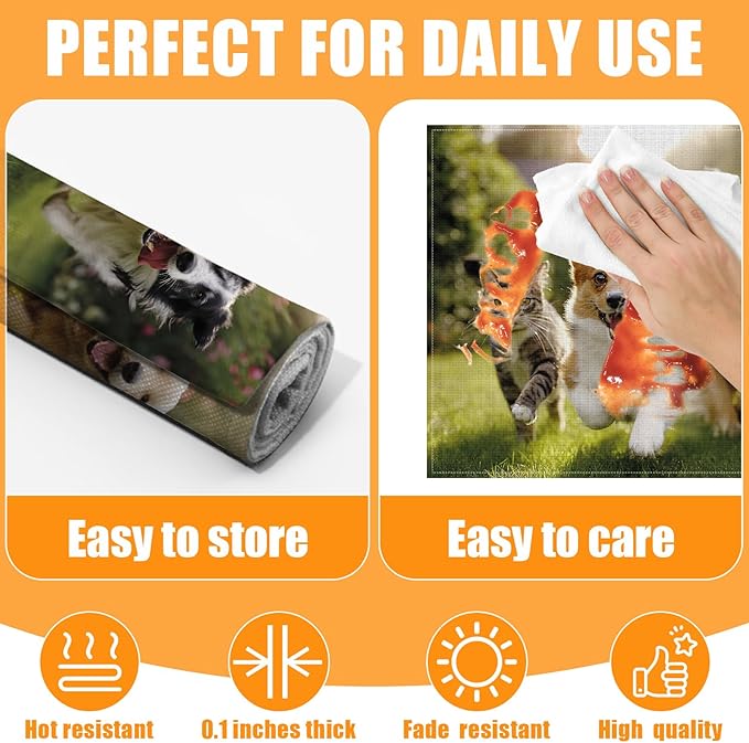 Cute Cat Dog Animal Placemats Set of 6,12 x 18 Inch Table Mats Washable Heat Resistant Linen Fabric Rectangle Place Mat for Party Home Kitchen Dining