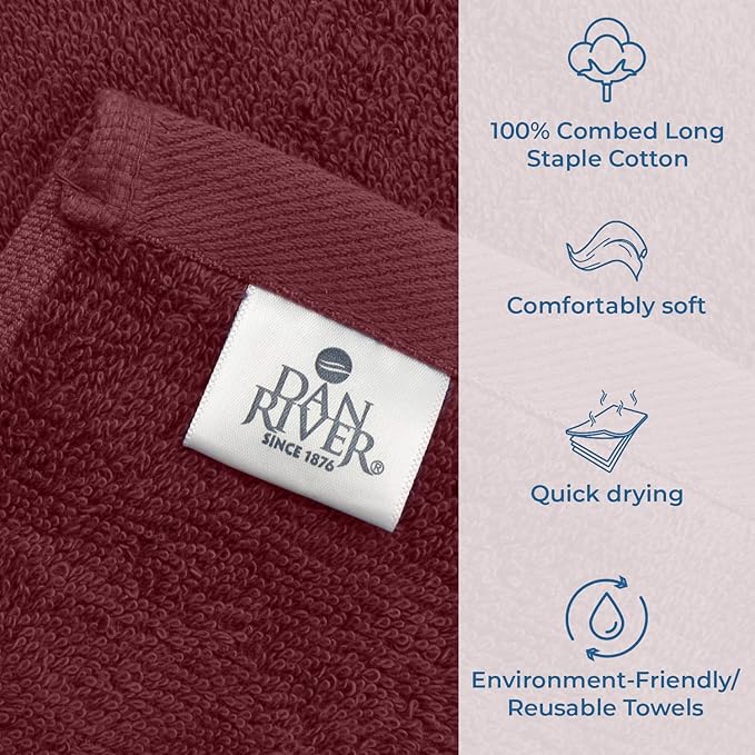 DAN RIVER Bath Towels Set of 4, 27 x 54 Inches, 100% Cotton, Larger & Lighter Weight, Quicker to Dry, Super Soft and Absorbent, Ideal Soft Bath Towels for Daily Use, Pomegrante