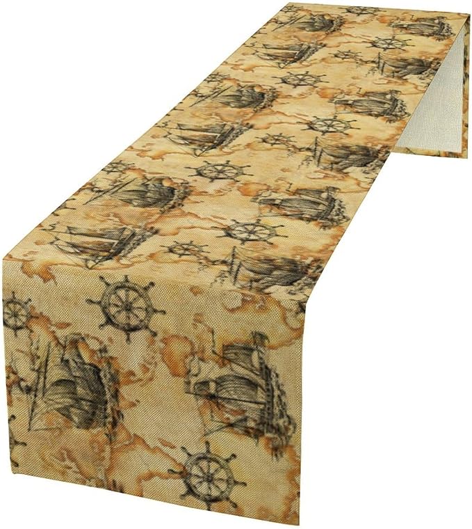 Nautical Table Runner Vintage Map Boat Art Printed Runner for Home Kitchen Dining Table Living Room Decor Fabric 1 Panel W13xL70in