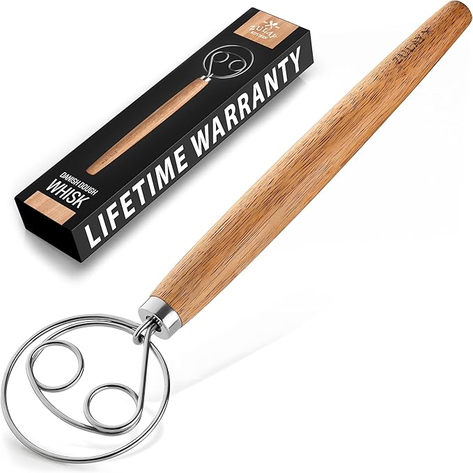 Zulay Kitchen Double-Eye 13" Danish Dough Whisk - Durable Easy Mixing Bread Whisk, Stainless Steel Danish Dough Hook, Sourdough Whisk For Mixing, Traditional Dutch Whisk, Dough Mixer Tool - Acacia