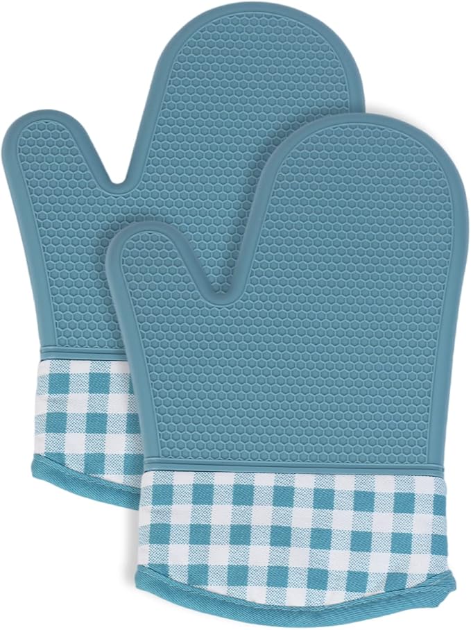 Amruta Pair of Silicone Shell Oven Mitts, 2 Pieces Heavy Duty Baking Kitchen Mitts for BBQ Microwave Stove, Heat-Resistant up to 500F, Oven Glove with Silicone Textured Grip (Short, Blue)