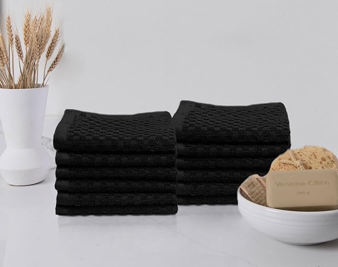 COTTON CRAFT Euro Spa Waffle Wash Cloth - Set of 12 Luxury Pure Ringspun Cotton Waffle Weave Bathroom Face Towel - Everyday Absorbent Hotel Gym Shower Beach Kitchen Travel Dorm - 12x12 inches - Black
