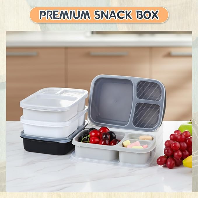 Honeydak 5 Pack Snack Containers 3 Compartment Bento Snack Boxes Divided Meal Prep Containers with Lids Reusable Adults Lunch Food Storage Box for School Work Travel(Black White)