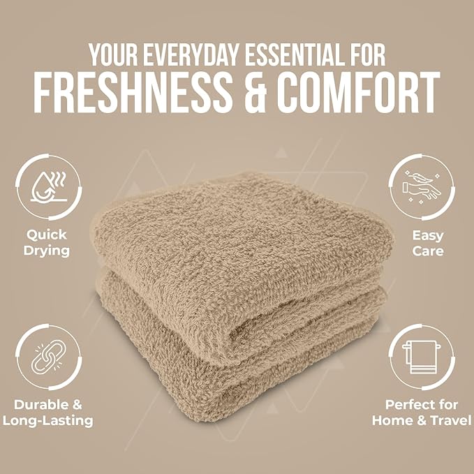 DAN RIVER 24 Pack Wash Cloths for Showering [12x12] - 100% Cotton Washcloths Premium Quality Flannel Face Cloths for Bathroom, Highly Absorbent and Soft Feel Wash Clothes, Tan