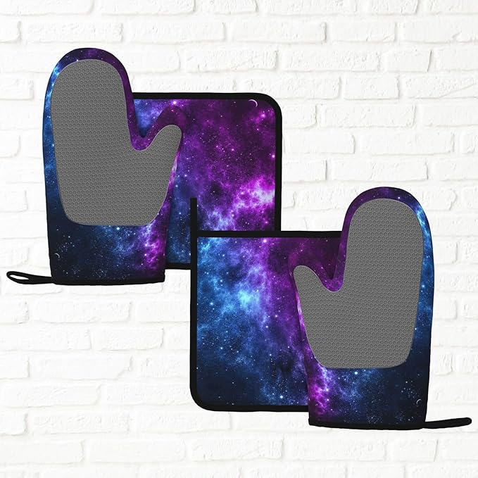 Cool Blue Purple Galaxy Oven Mitts and Pot Holders Sets of 4, Heat Resistant Silicone Oven Mittens and Potholders Gloves Hot Pads for Kitchen Cooking Baking Grilling BBQ Chef