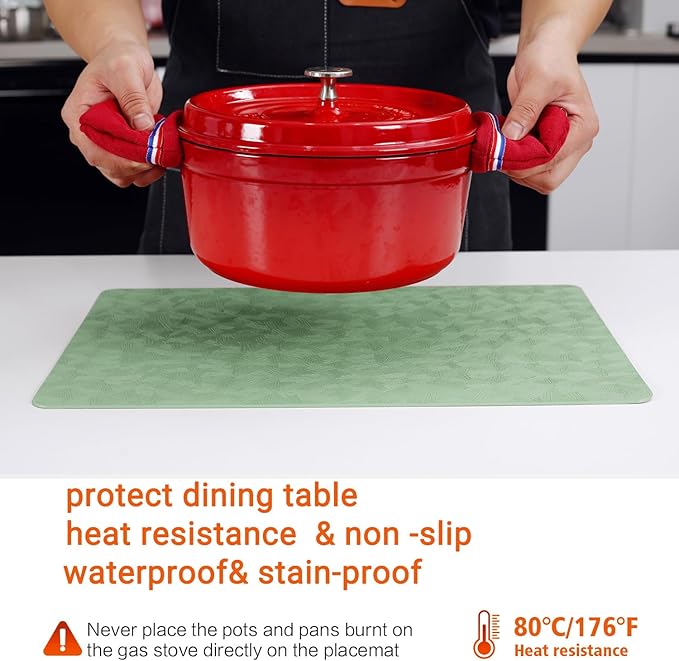Vinyl Placemats Set of 12 Heat Resistant Easy Clean Non-Slip Place Mats for Dining Table Faux Leather Waterproof Stain Resistant Wipeable Washable PVC Table Mats(12, Green)
