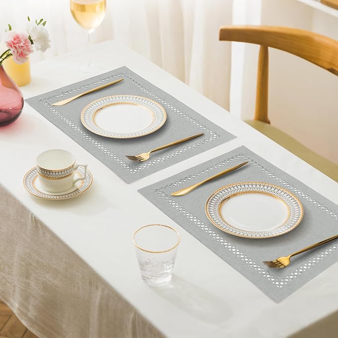 Linen Cloth Placemats Set of 4, HADEEONG 12 x 18 Inch Hollow Edge Place Mats Washable Heat Resistant Placemats Cloth Table Mats for Dining Table Home Decor (Light Grey, 4)