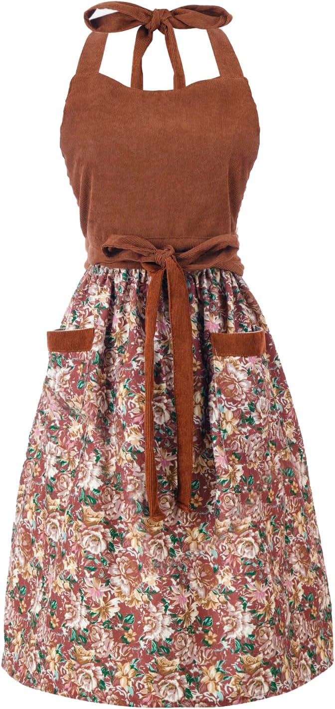 Cute Floral Aprons for Women with Pockets,Cotton Adjustable Neck Strap Apron for Kitchen Cooking Baking Gardening