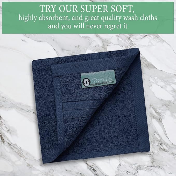 100% Cotton Washcloths - 24 Pack, 700 GSM, Soft Face & Body Washcloths, Highly Absorbent, 12 x 12 Inches, Navy Blue