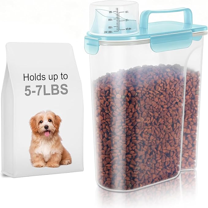 LEAWALK 5-7Lbs Cat Dog Storage Container, Portable Pet Food Containers with Upgraded Large Spout and Cup, Small Animal Kibble Dispenser for Bird Seed, Oatmeal, Rice, Flour-Clear Blue