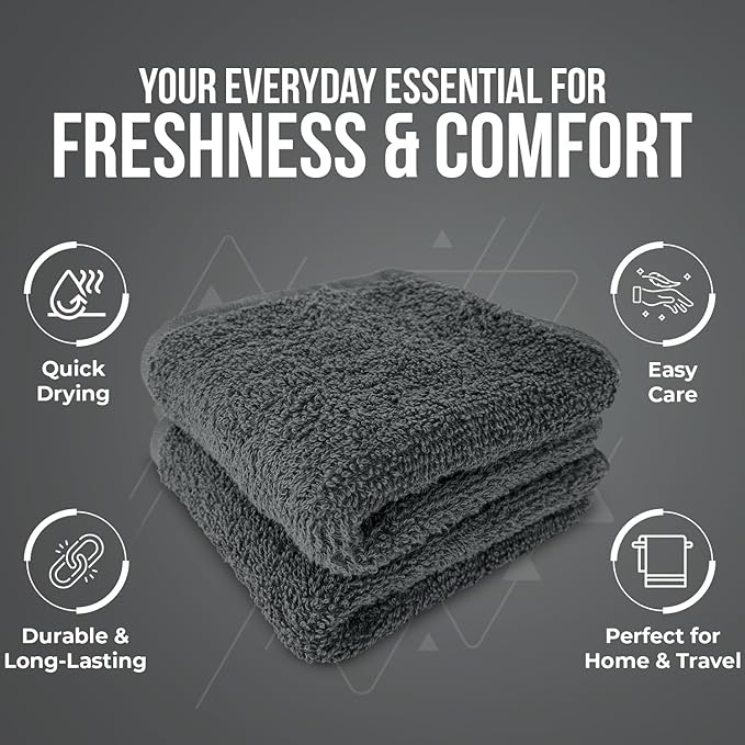 DAN RIVER 24 Pack Wash Cloths for Showering [12x12] - 100% Cotton Washcloths Premium Quality Flannel Face Cloths for Bathroom, Highly Absorbent and Soft Feel Wash Clothes, Gray