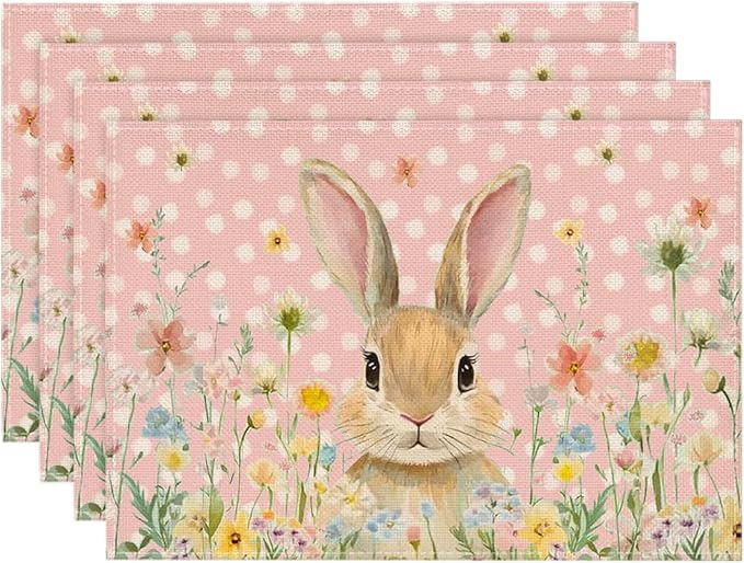 Artoid Mode Pink Bunny Polka Dot Easter Placemats Set of 4, 12x18 Inch Flower Seasonal Spring Holiday Table Mats for Party Kitchen Dining Decoration