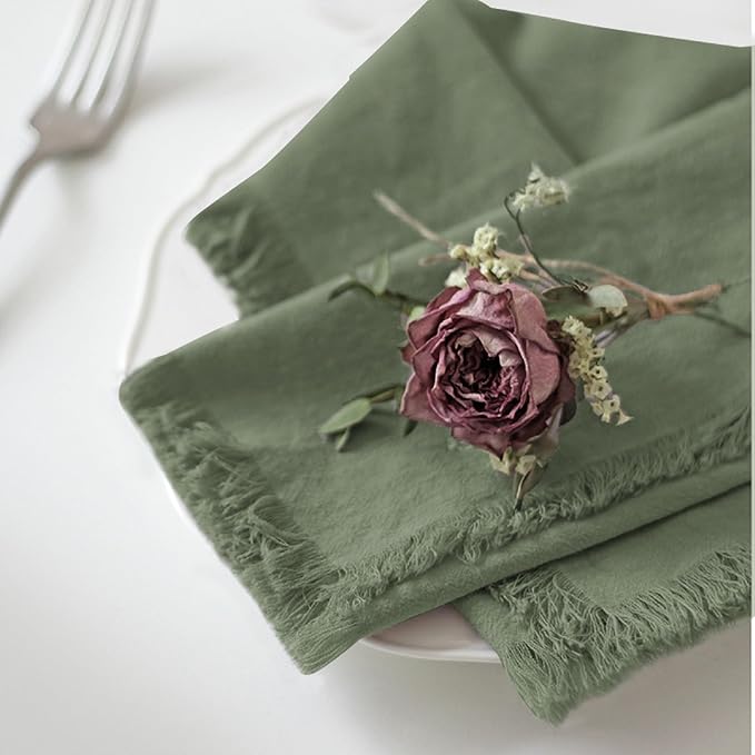 Handmade Cloth Napkins 100% Cotton Napkins with Fringe，Delicate Handmade Cloth Napkins for Dinners, Parties, Weddings and More，18 x 18 Inch Set of 6 - Sage Green