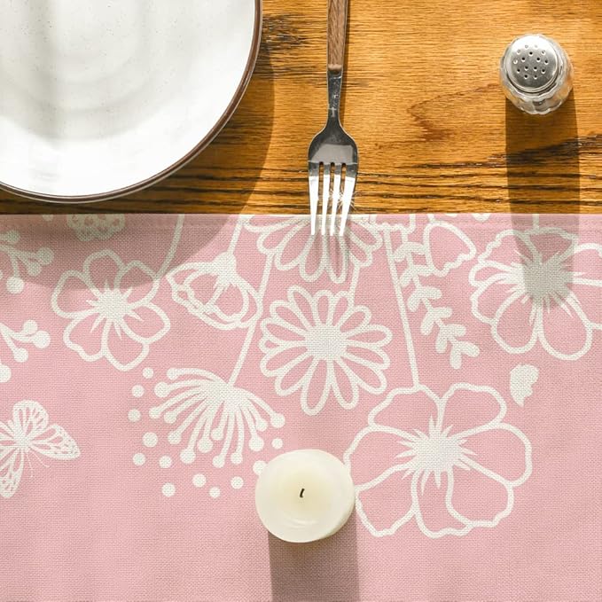 Artoid Mode Pink Bloom Flowers Butterfly Spring Table Runner, Seasonal Holiday Kitchen Dining Table Decoration for Home Party Indoor 13x108 Inch