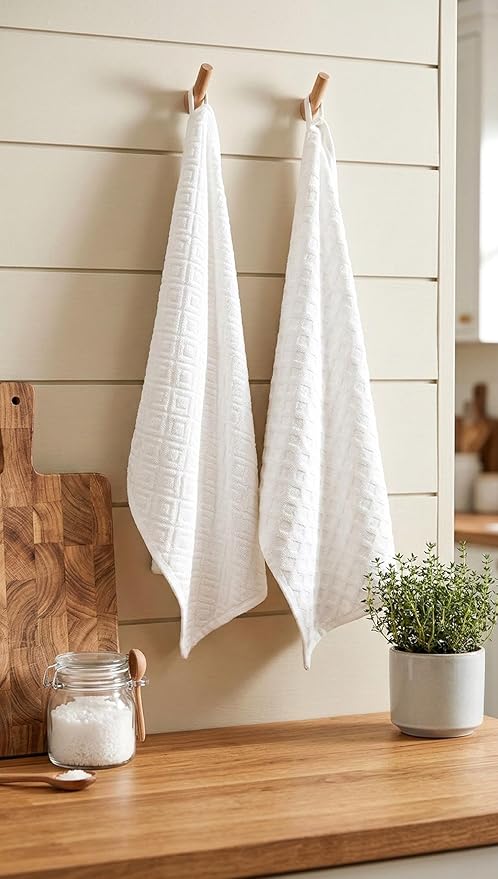 SYDR Premium Kitchen Towel (16”x 28”, 4 Pack), Cotton Kitchen Hand Towel, Jacquard Diamond Weave, Highly Absorbent Tea Towel Set with Hanging Loop, White