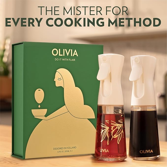 FLAIROSOL OLIVIA Signature Oil Sprayer for Cooking, 2 Pack 200ML Glass Olive Oil Sprayer, Continuous Cooking Spray Dispenser with Portion Control for Kitchen Air Fryer, Salad, BBQ, White