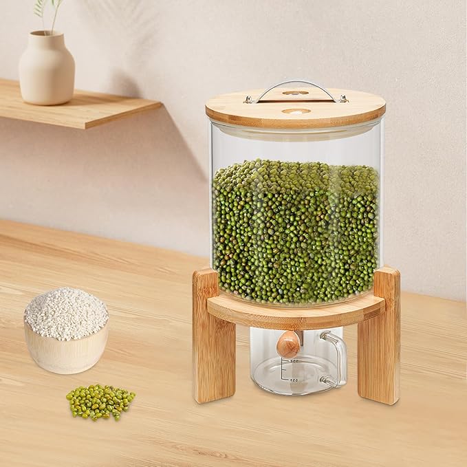 5L Cereal Dispenser, Bamboo Grain Storage Barrel with Sealed Lid and Wooden Stand, Cereal Container for Pantry Organization and Storage (5L)