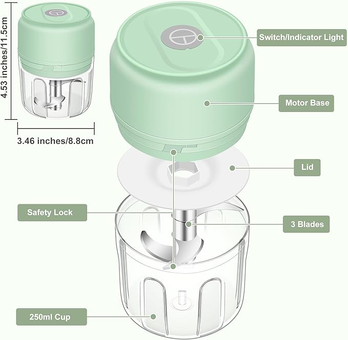 250ml (1 Cup) Electric Garlic Chopper, Portable Garlic Press, Wireless Mini Food Processor, Rechargeable Garlic Chopper Mincer for Ginger, Chili, Onion, Minced Meat and Spices (Green)