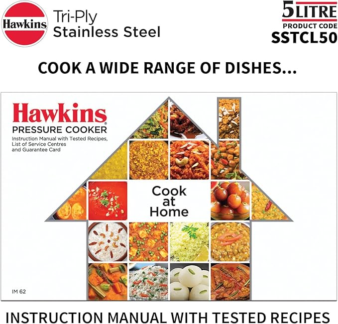 Hawkins Classic 5 Litre Tri-Ply Pressure Cooker, Triply Stainless Steel Inner Lid Cooker, Silver (SSTCL50)