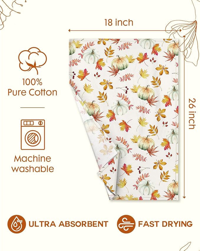 Miss Adola Flour Sack Kitchen Towels Set of 2-18x26 Inch Dish Towels with Hanging Loop Autumn Fall Absorbent Reusable Cotton Cloths for Cleaning Cute Design Home Decor Housewarming, Pumpkin Leaf