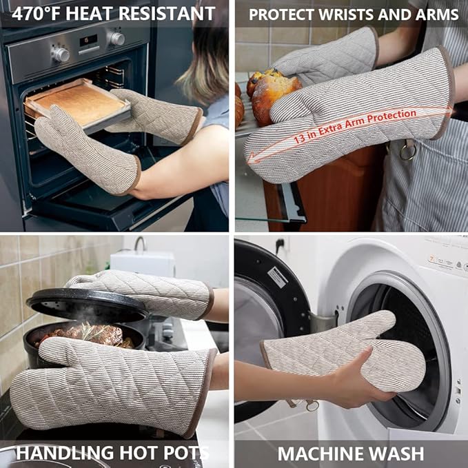 1 Pair Yarn Dyed Oven Mitts 100% Cotton Heat Resistant 470 Degree Gloves Men Women Cooking Baking Barbecue BBQ Microwave Crafting Machine Washable Pot Holders Mittens (Khaki)