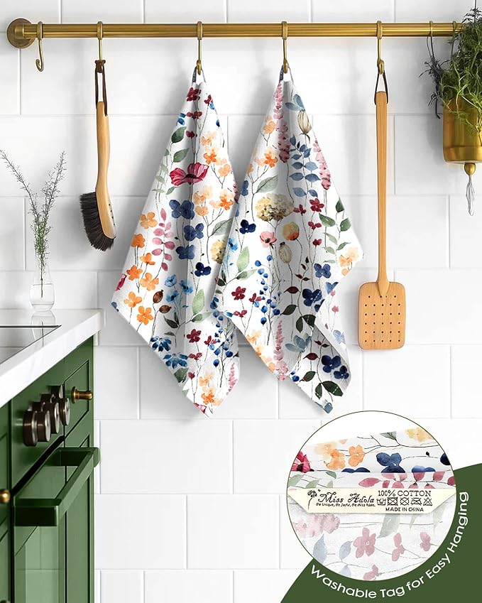 Miss Adola Flour Sack Kitchen Towels Set of 2-18x26 Cotton Dish Towels with Hanging Loop Reusable Tea Towel for Cleaning Spring Absorbent Dishcloths Cute Home Decor Housewarming, Watercolor Flower