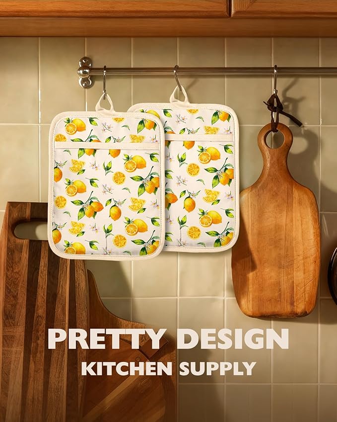 Slohif Silcone Lemon Pot Holders for Kitchen - 100% Cotton Beige Cute Oven Potholders with Pockets, Heat Resistant Square Thick Hot Pads, House New Home Baking Baker Gifts,2pack