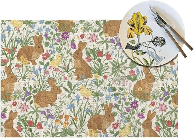 Spring Place mats Set of 4,12x18 Inches Cute Brown Rabbit Floral Placemats Rectangle Easter Decor Bunny Flower Linen Table Mats for Party Home Kitchen Dining Table Decoration
