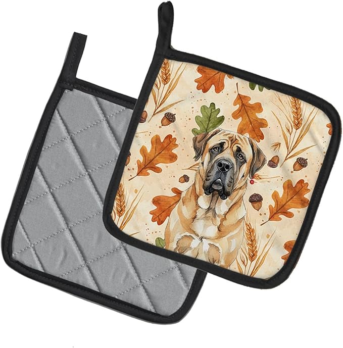 Caroline's Treasures Apricot English Mastiff Heirloom Fall Pair of Pot Holders Pair 7.5x7.5 Quilted Insulated Hot Pads Decorative Kitchen Gift Made in USA