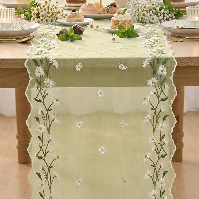 Artoid Mode Daisy Floral Yellow Shaped Gauze Embroidery Table Runner 120 Inch 10FT, Tulle Spring Summer Kitchen Dining Table Decor for Home Party